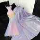 Chic Pastel Rainbow Ombre Sequin Mermaid Detachable Spaghetti Strap Beaded Formal Evening Gown DP7350