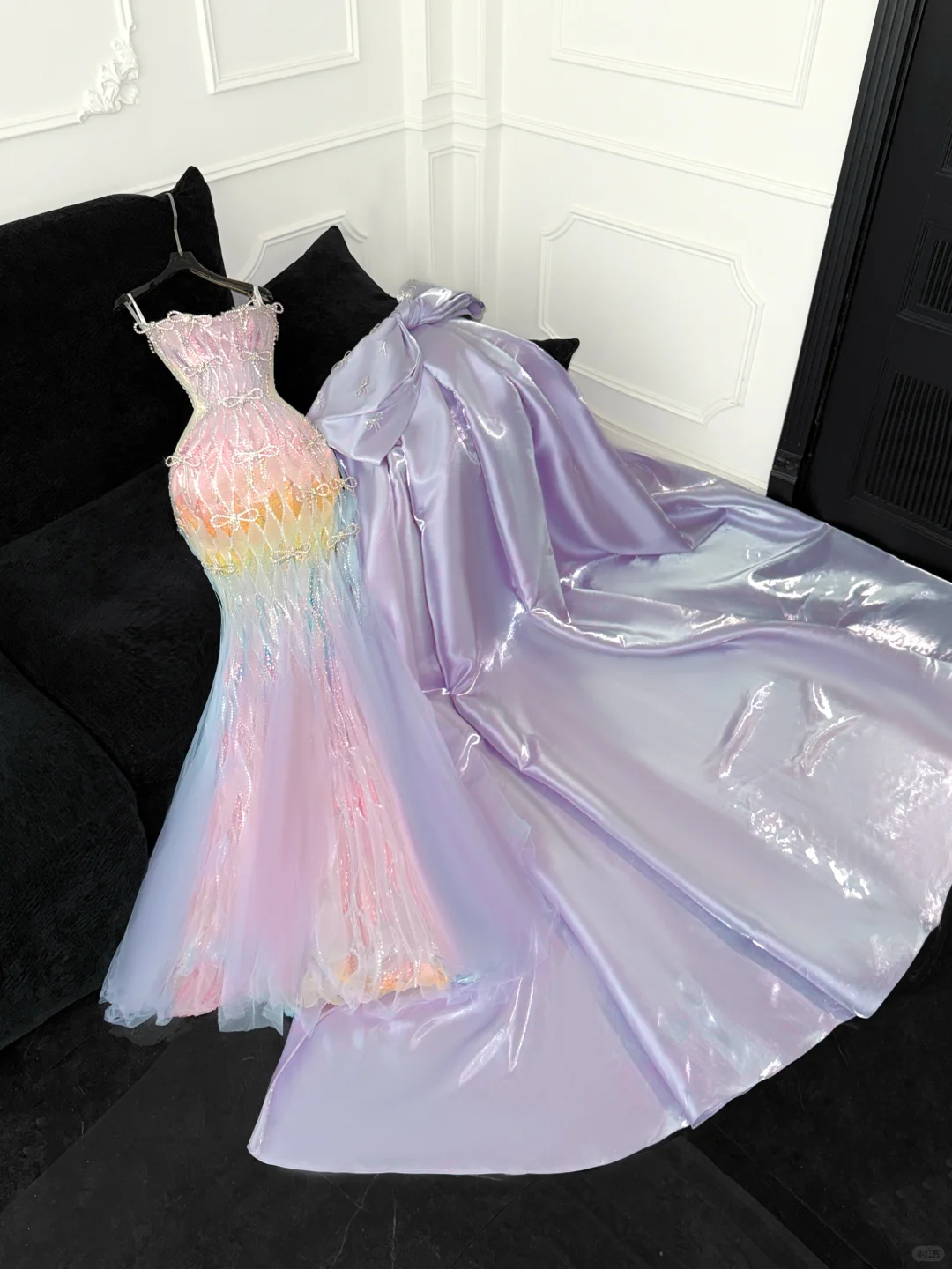 Chic Pastel Rainbow Ombre Sequin Mermaid Detachable Spaghetti Strap Beaded Formal Evening Gown DP7350