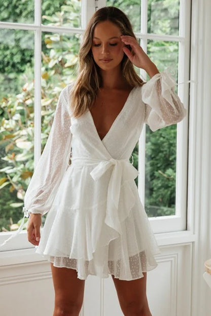 Vintage White V-neck Short A-Line Party Dress Cocktail Dress Homecoming Dress DP6473