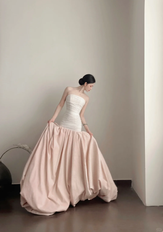 Vintage Pink Voluminous Ball Gown Strapless Ruched Bodice Evening Gown DP5104