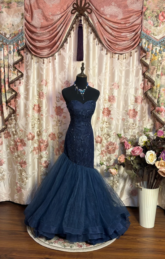 Dark Navy Sweetheart Mermaid Tulle Long Prom Dress Formal Evening Dress, DP5059