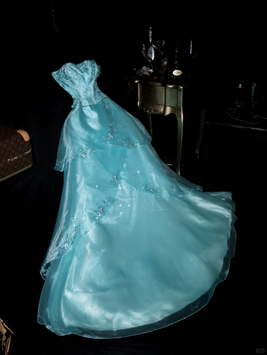 Fairy Blue Strapless A-Line Beading Long Party Dresses Birthday Outfits, DP5066