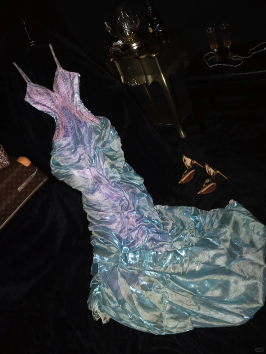Gorgeous Straps Mermaid Beading Chiffon Long Evening Dresses Birthday Outfits, DP5069