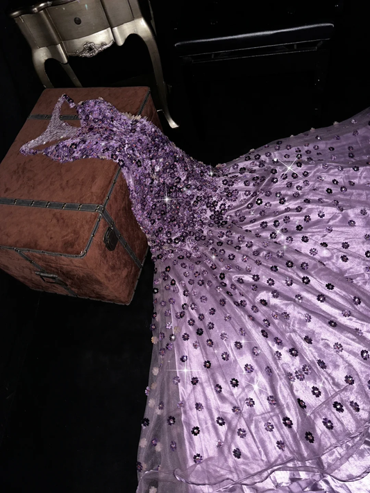 Gorgeous Purple A-Line Floral Beading Long Evening Party Dress Birthday Outfits, DP5075