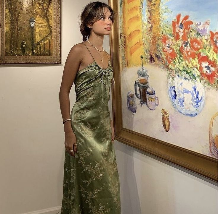 Vintage Green Floral Printed Satin Spaghetti Strap Midi Length Party D DSProm Vintage Green Floral Printed Satin Spaghetti Strap Midi Length Party D DSProm