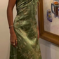 Green Vintage Printed Satin Midi Length Party Dress,DP1839