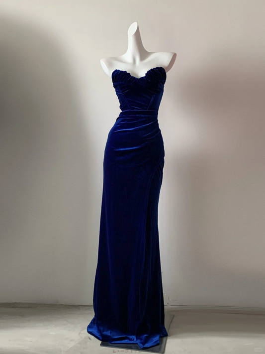 Royal Blue Sweetheart Mermaid Velvet Long Formal Prom Dress Evening Dress, DP5060