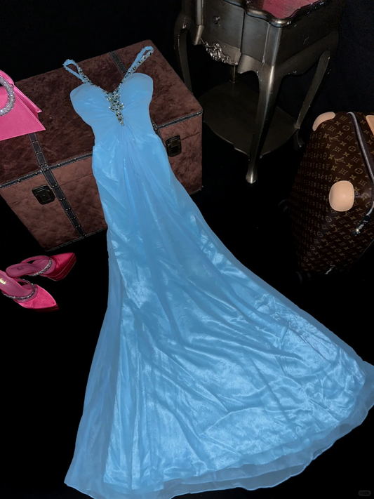 Blue Straps A-Line Beading Long Evening Party Dress Birthday Outfits, DP5081