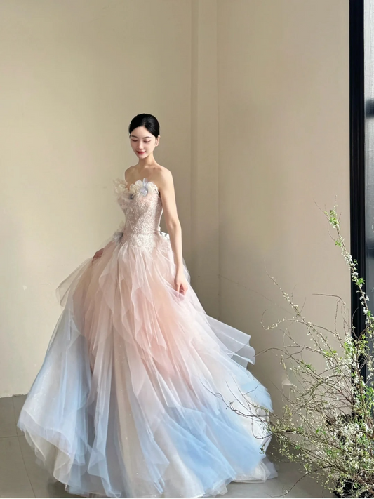 Elegant Sweetheart Ombre A-Line Tulle Party Dress Birthday Outfits Senior Prom Dress, DP5051