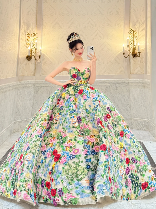 Gorgeous Floral Embroidery Strapless Ball Gown Off White Prom Dress with Colorful 3D Flowers DP5041