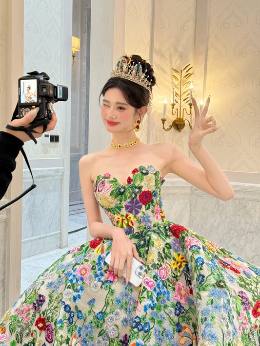 Gorgeous Floral Embroidery Strapless Ball Gown Off White Prom Dress with Colorful 3D Flowers DP5041