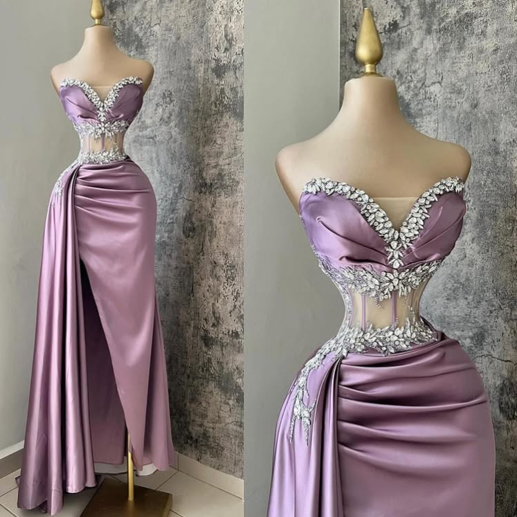 Light Purple Sweetheart Beads Satin Sheath Long Prom Dress Evening Gown, DP4111