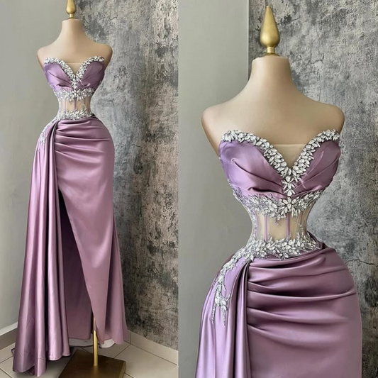 Light Purple Sweetheart Beads Satin Sheath Long Prom Dress Evening Gown, DP4111