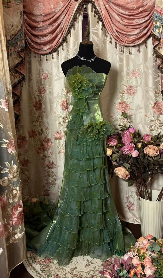 Green Strapless Sheath Tiered Vintage Long Prom Dress, DP4265