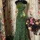 Green Strapless Sheath Tiered Vintage Long Prom Dress, DP4265