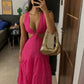 Hot Pink V Neck A-Line Wedding Guest Dress Long Party Dress, DP4308