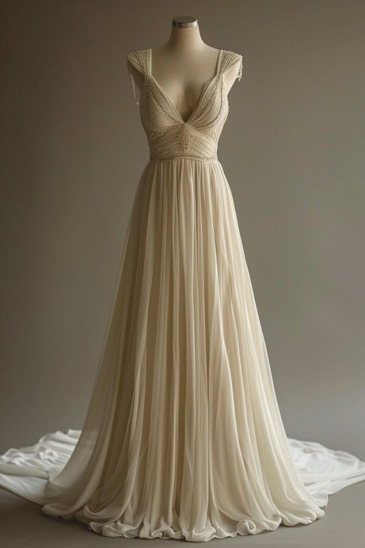 Elegant V Neck A-Line Ivory Beading Chiffon Wedding Dress, DP4309