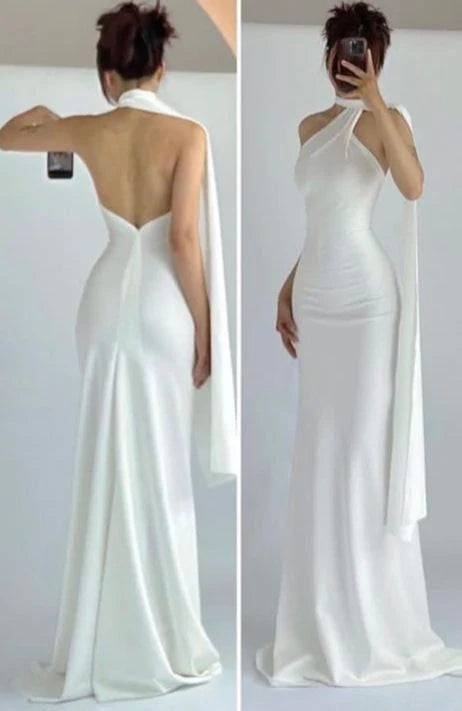 Elegant Halter Sheath White Long Prom Dress Evening Gown, DP4312