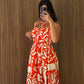 Orange Halter A-Line Printed Long Party Dress Fashion Vacation Dress, DP4332