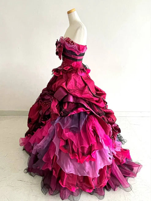 Hot Pink Strapless A-Line Satin Tulle Evening Ball Gown Birthday Gown, DP4335