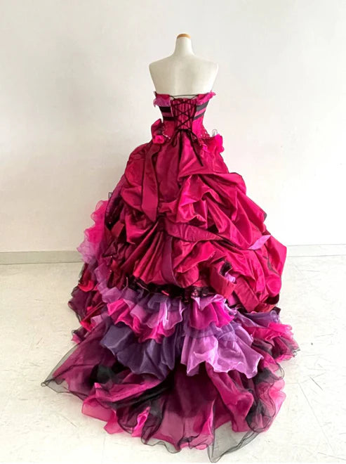 Hot Pink Strapless A-Line Satin Tulle Evening Ball Gown Birthday Gown, DP4335