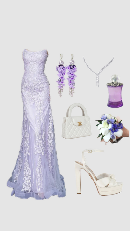 Lilac Strapless Appliques Tulle Mermaid Long Formal Prom Dress, DP4338