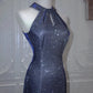 Shiny Navy Halter Backless Mermaid Satin Long Formal Prom Dress, DP4339