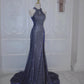 Shiny Navy Halter Backless Mermaid Satin Long Formal Prom Dress, DP4339