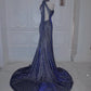 Shiny Navy Halter Backless Mermaid Satin Long Formal Prom Dress, DP4339