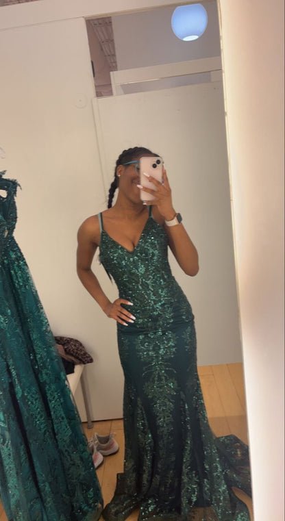 Green V Neck Straps Lace Mermaid Long Formal Prom Dress, DP4340