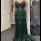 Green V Neck Straps Lace Mermaid Long Formal Prom Dress, DP4340