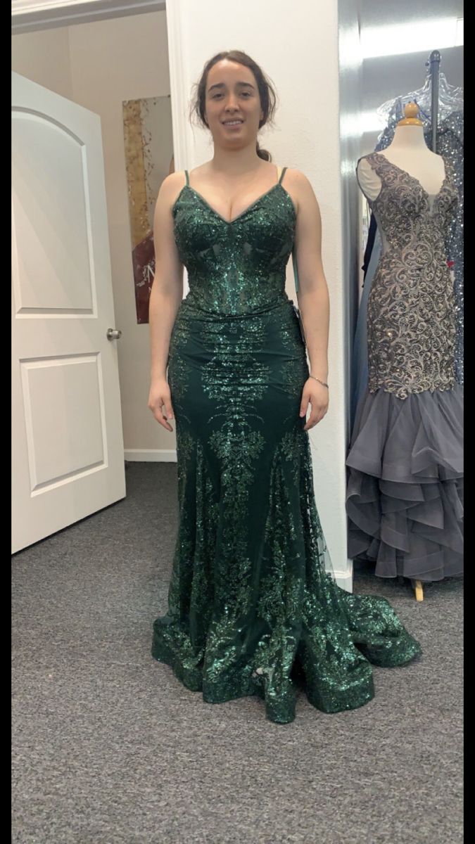 Green V Neck Straps Lace Mermaid Long Formal Prom Dress, DP4340