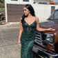 Green V Neck Straps Lace Mermaid Long Formal Prom Dress, DP4340