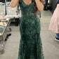 Green V Neck Straps Lace Mermaid Long Formal Prom Dress, DP4340