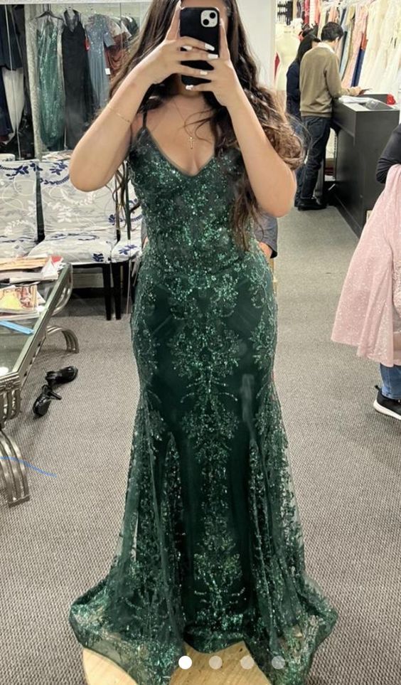 Green V Neck Straps Lace Mermaid Long Formal Prom Dress, DP4340