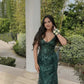 Green V Neck Straps Lace Mermaid Long Formal Prom Dress, DP4340