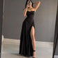 Simple Black Straps A-Line Split Long Formal Prom Dress, DP4342