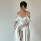 White Off Shoulder A-Line Lace Satin Wedding Dress Birthday Gown, DP4343