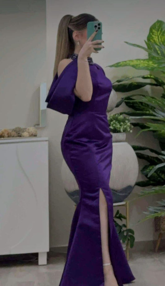 Elegant Purple Halter Mermaid Satin Long Formal Prom Dress, DP4344