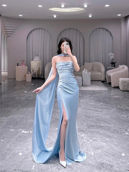 Light Blue Strapless Sheath Satin Long Evening Party Dress, DP4347