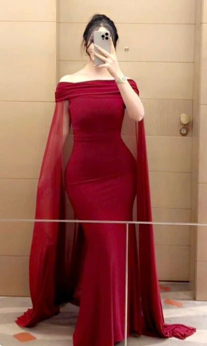 Wine Red Off Shoulder Mermaid Satin Long Party Dress, DP4348