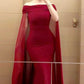 Wine Red Off Shoulder Mermaid Satin Long Party Dress, DP4348