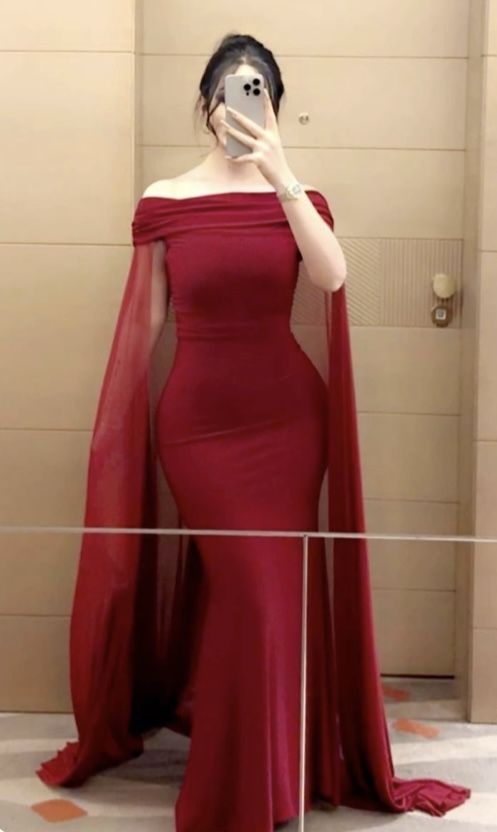 Wine Red Off Shoulder Mermaid Satin Long Party Dress, DP4348