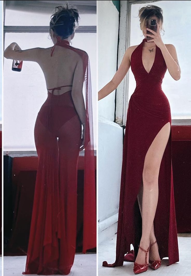 Burgundy Halter V Neck Sheath Split Sexy Long Party Dress, DP4356