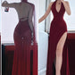 Burgundy Halter V Neck Sheath Split Sexy Long Party Dress, DP4356