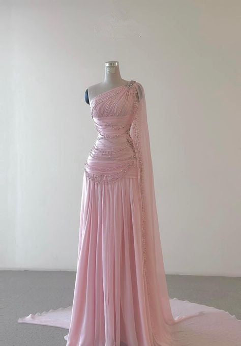 Pink One Shoulder A-Line Beading Long Formal Prom Dress, DP4359