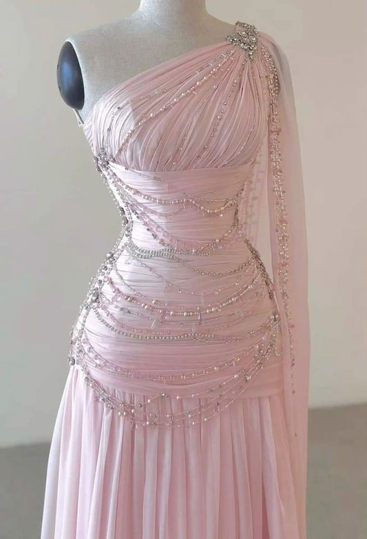 Pink One Shoulder A-Line Beading Long Formal Prom Dress, DP4359