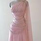 Pink One Shoulder A-Line Beading Long Formal Prom Dress, DP4359