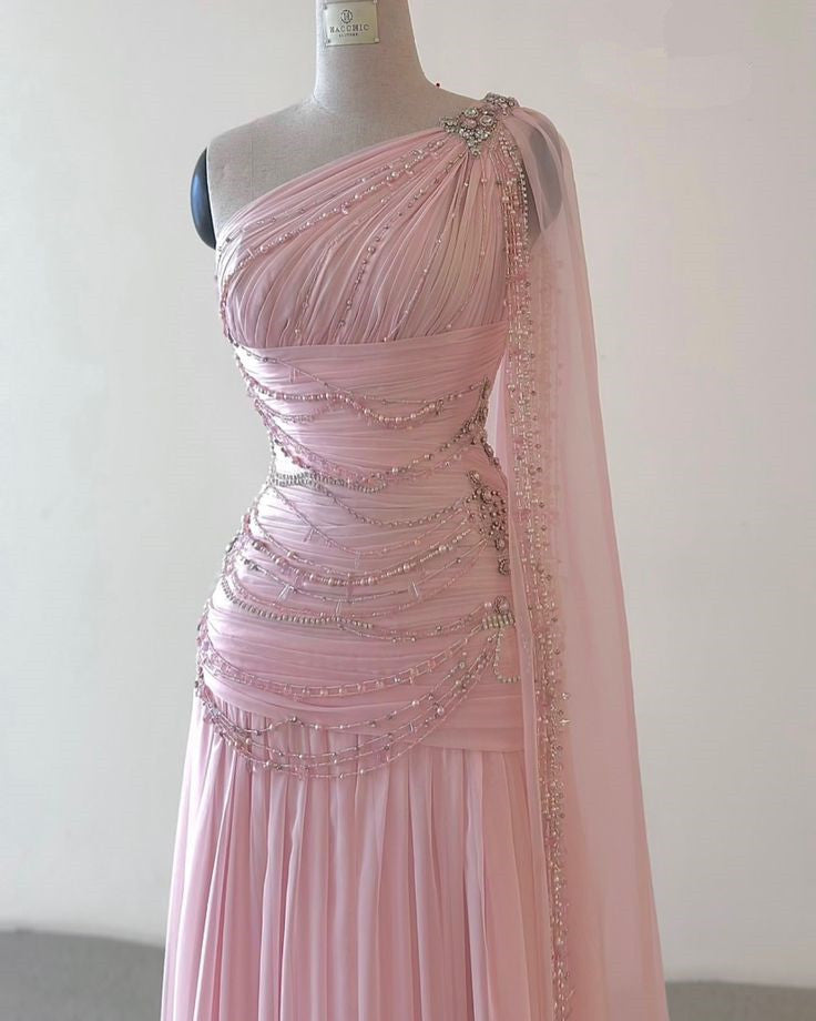 Pink One Shoulder A-Line Beading Long Formal Prom Dress, DP4359