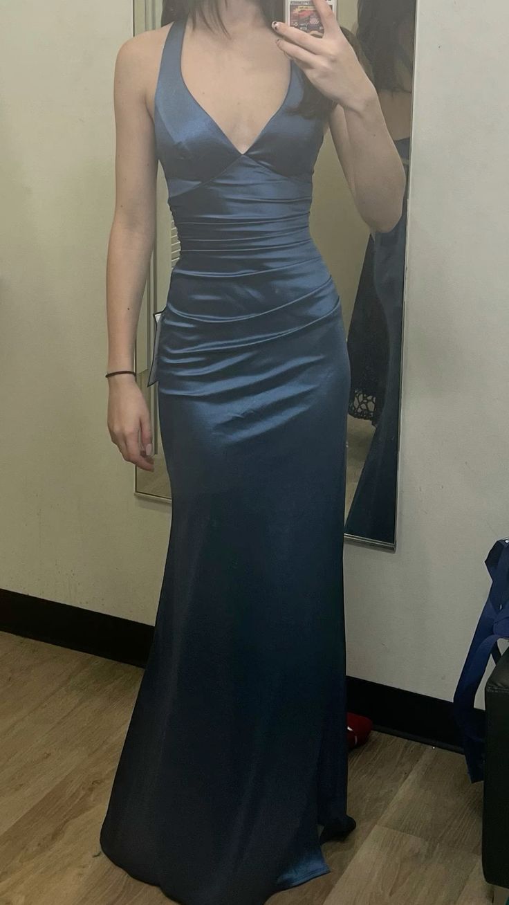 Navy Blue V Neck Halter Mermaid Satin Long Formal Party Dress, DP4369